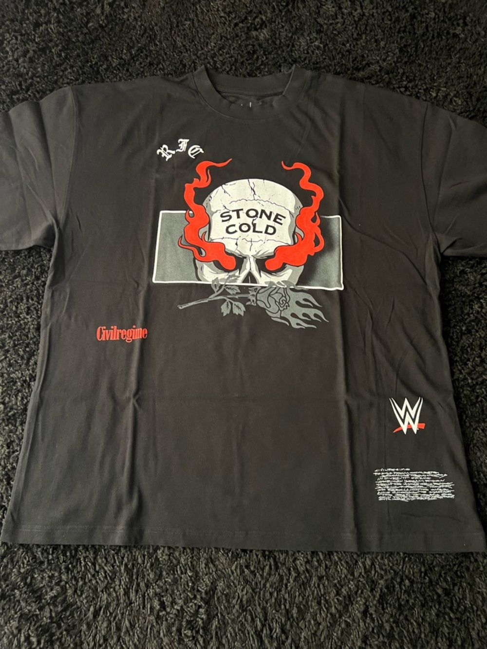 WWE Black Stone Cold Skull Graphic Tee with Red Flames